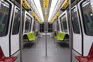 The interior of the Bombardier INNOVIA APM 100 (C801A) train for the Bukit Panjang LRT.