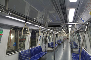 The blue-colour overhead handgrips of the Alstom Metropolis C830 train for the Circle Line.