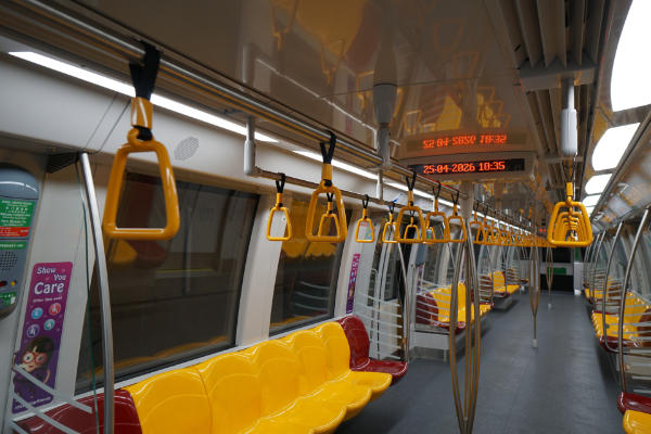 The first car-colour overhead handgrips of the Alstom Metropolis C851E (CCL) train for the Circle Line.